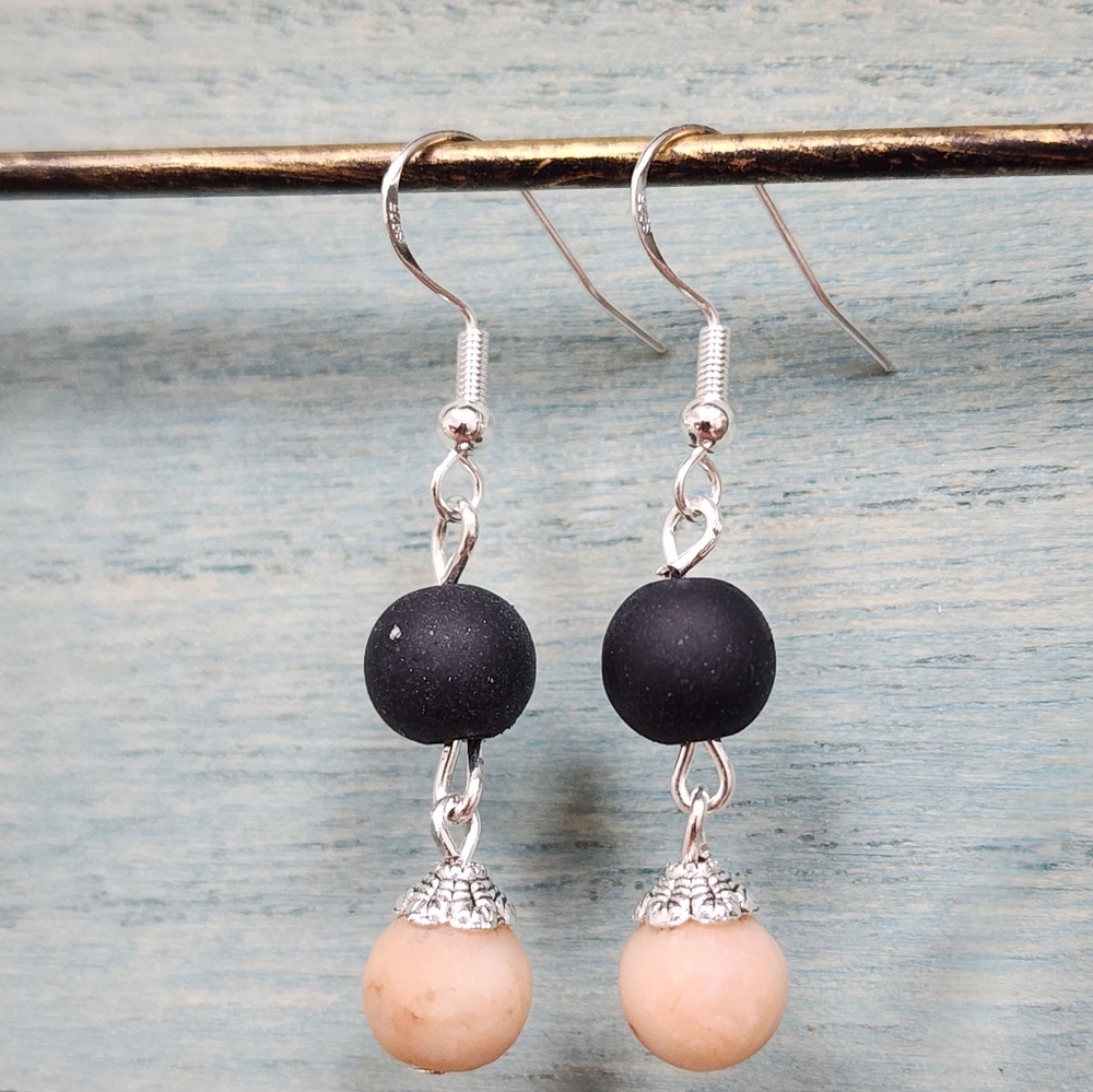 Hand Crafted Dangle Earrings With Black & Cream Colored Stone Beads